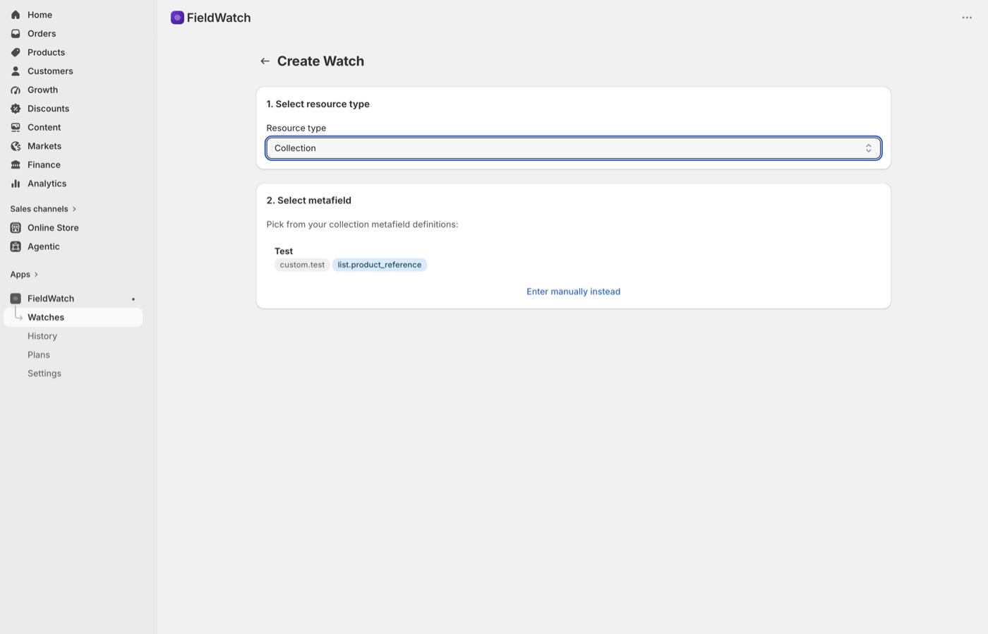FieldWatch create watch wizard with resource type selector, metafield definition browser, and condition configuration