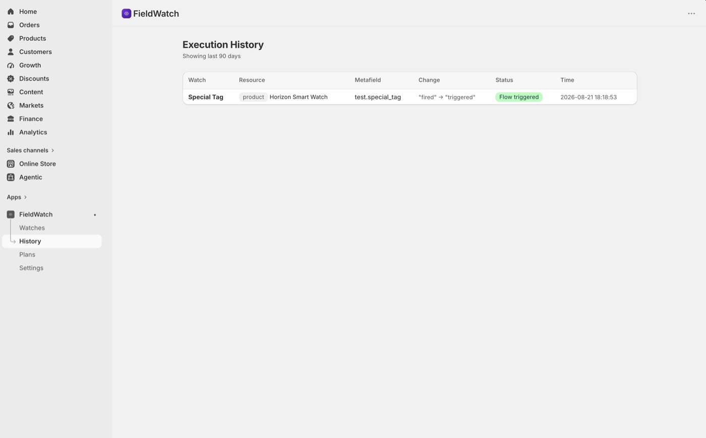 FieldWatch execution history showing watch name, resource, old and new values, condition match status, and Flow trigger status