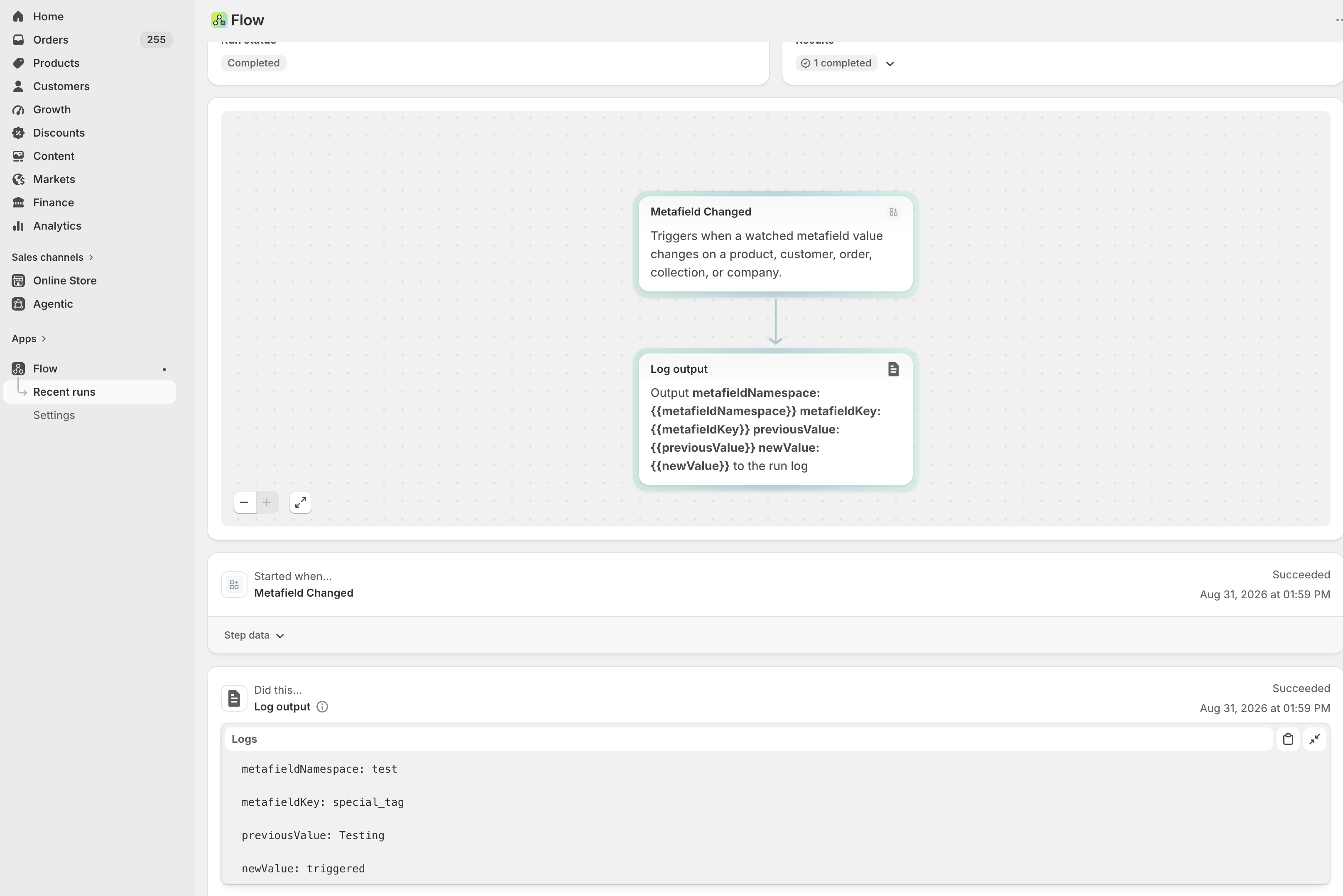 Shopify Flow automation triggered by FieldWatch metafield change showing trigger and log output